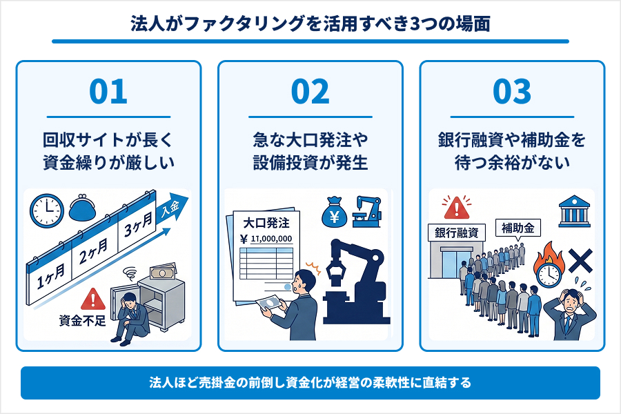 法人がファクタリングを活用すべき理由や場面