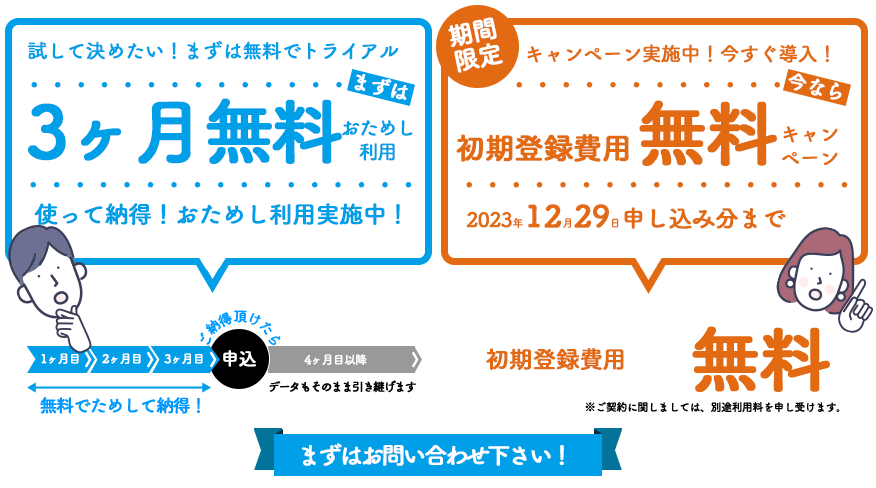 試してから決められる3ヶ月無料おためし利用／期間限定初期登録費用無料キャンペーン